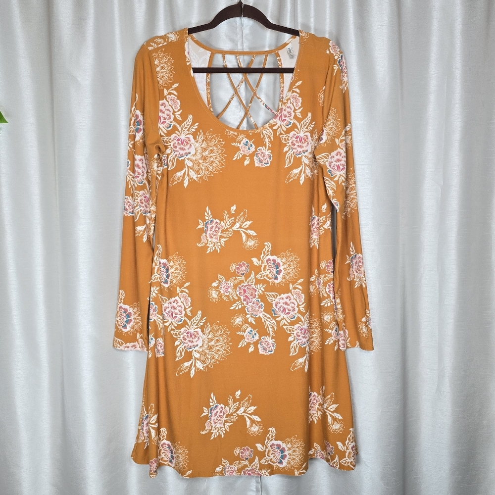 Mudd Women's Floral Dress Stretch Tan Brown Midi Boho Chic Fairy Whimsigoth Lrg
